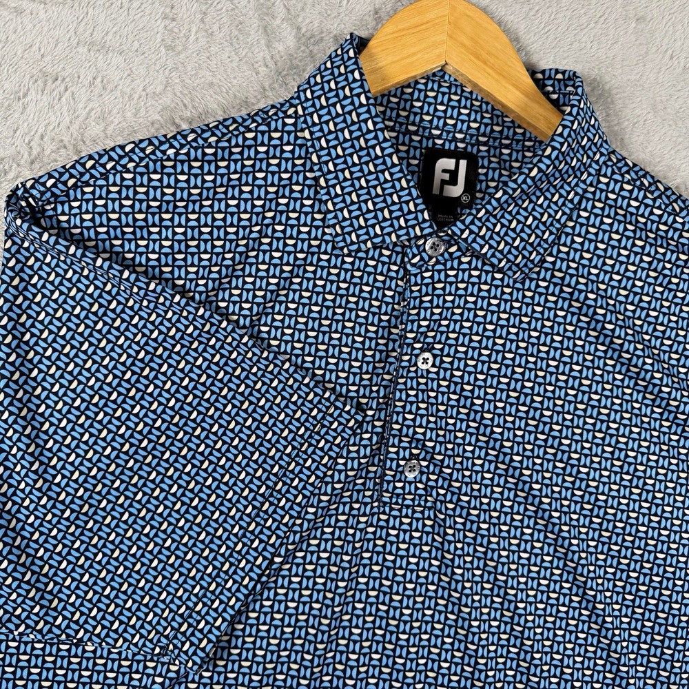FootJoy Mens XL Blue Geometric Print Stretch Golf Polo Shirt Short Sleeve